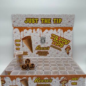 A sleek, stylish box labeled 'Trippy Tips Reese Albino Penis Envy Cone Master Box' containing pre-rolled cones filled with potent Albino Penis Envy mushrooms. The cones and packaging highlight the convenience and quality of this psychedelic product