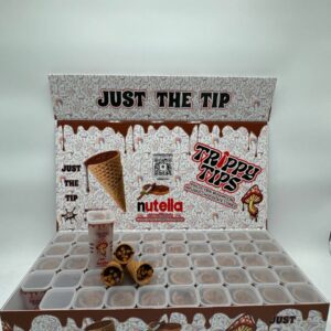 A sleek, stylish box labeled Trippy Tips Nutella Golden Cone Master Box,' featuring pre-rolled cones filled with a blend of Golden Teacher mushrooms and Nutella. The cones and packaging emphasize the convenience, quality, and delicious flavor of this psychedelic product